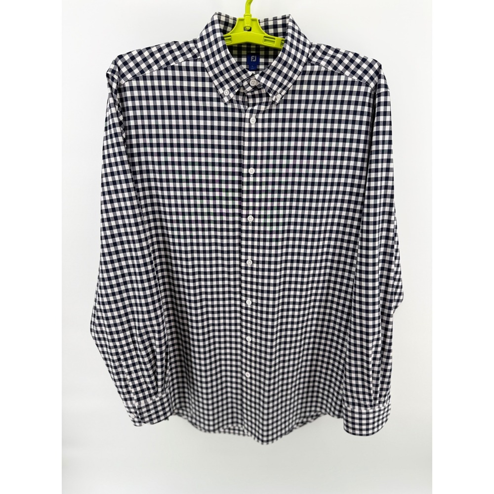 FootJoy Mens Gingham Check Performance Button Down Golf Shirt Navy White Large